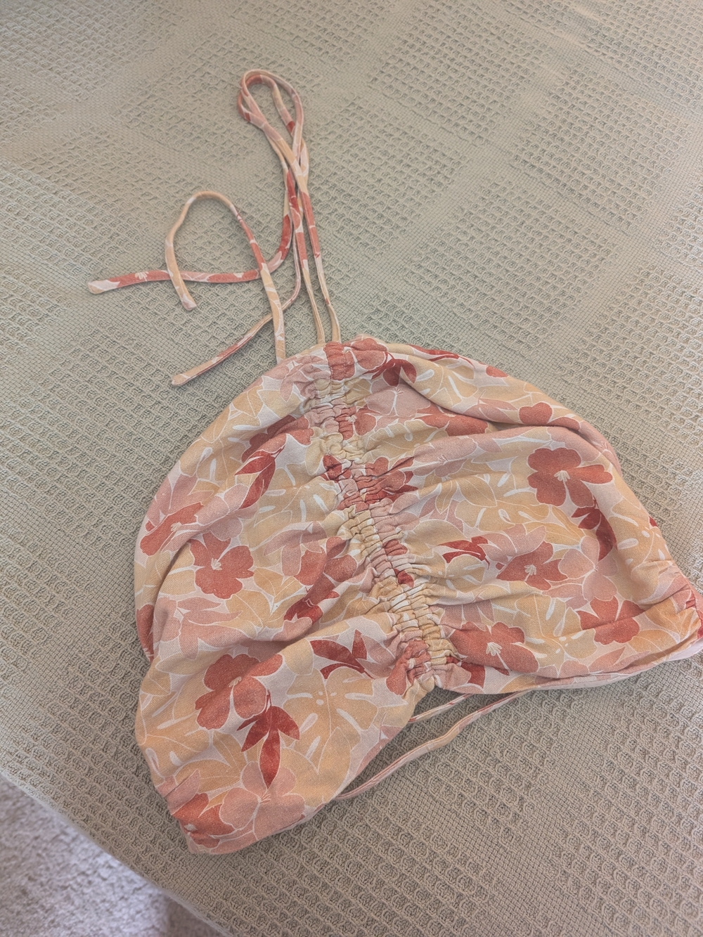 Lulu's Floral Ruched Halter Crop Top - Peach & Coral